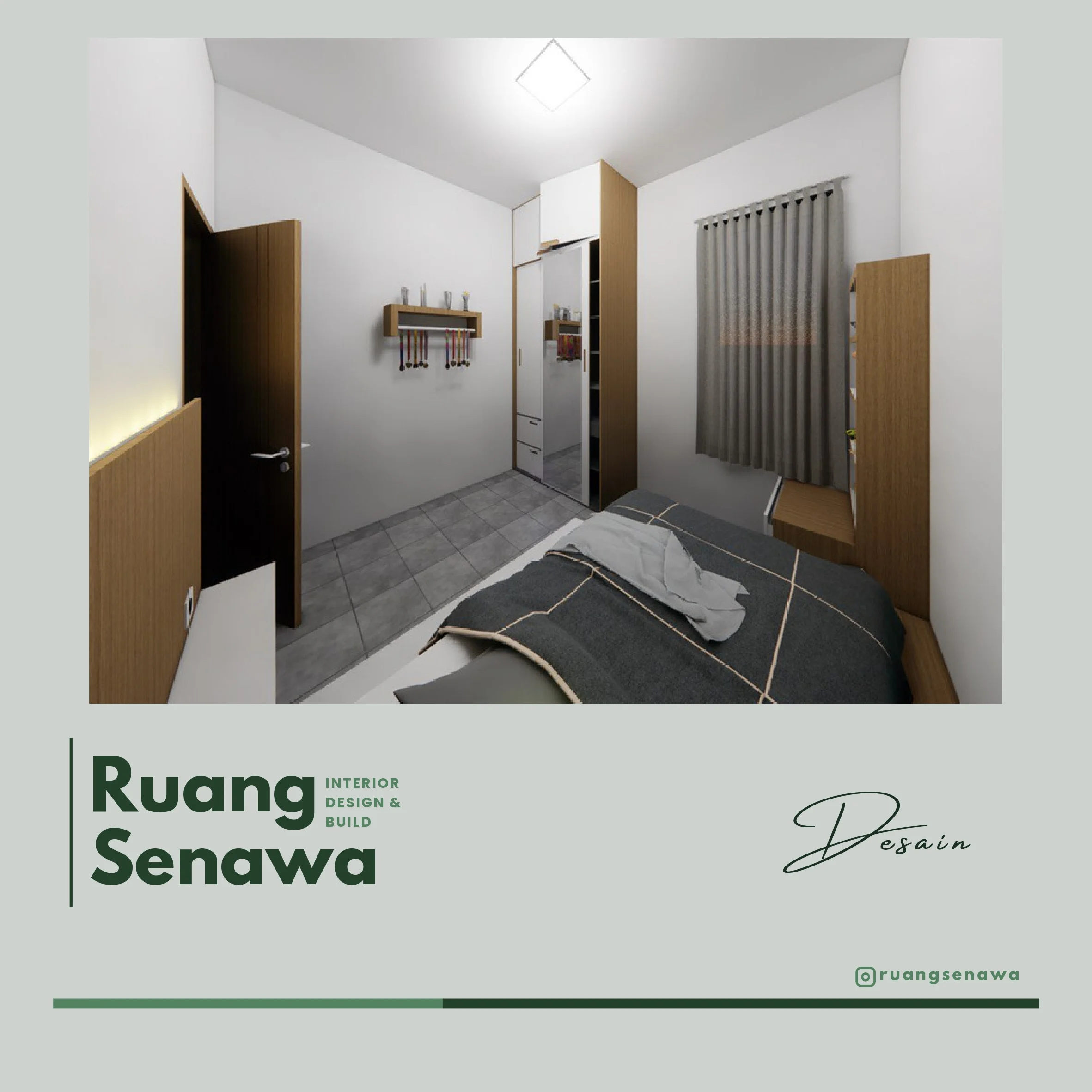 3D Concept: Minimalist Bedroom Layout — Tata letak kamar tidur utama dengan lemari pakaian kaca elegan Kota Render 3D Palu Ruang Senawa